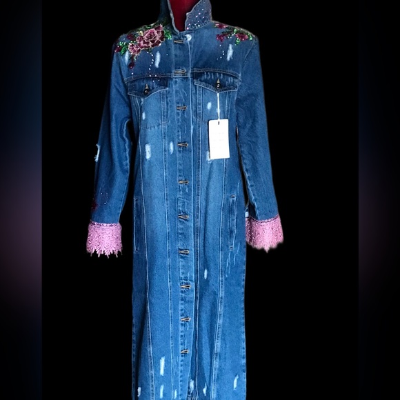 Victorian Rose Embellished Denim Duster- Unique - Picture 3 of 13